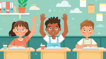 Three enthusiastic children raising hands in a classroom, eager to participate and learn. Vibrant and engaging educational cartoon illustration.