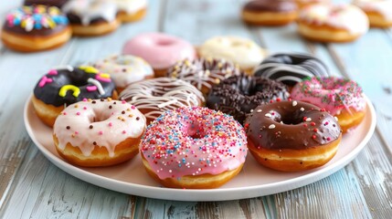 White plate of gourmet donuts with various flavors and toppings