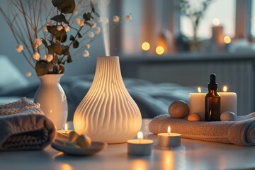 A serene spa setting with essential oils, candles, and soft lighting, creating a relaxing atmosphere