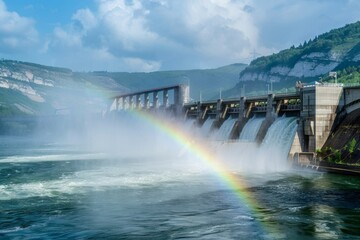 Fototapeta premium A picturesque view of a hydroelectric dam with a rainbow forming in the mist created by the flowing water