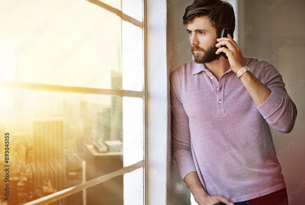 Poster office, thinking and businessman with phone call, connection and communication with client for servi