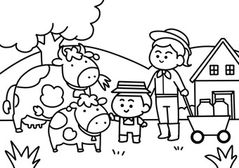 Family working in cow farm.