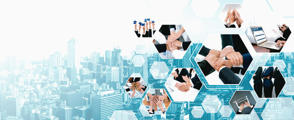 Teamwork and human resources HR management technology concept in corporate business with people group networking to support partnership, trust, teamwork and unity of coworkers in office vexel