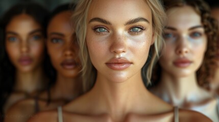 Obraz premium A Close up of a Group of Women With the Same Expression on Their Faces - Generative AI