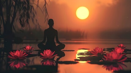 A single figure sits in a meditative pose near a lotus flower.
