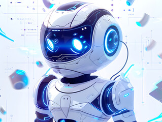 Fototapeta premium A white machine resembling a fictional character, with electric blue eyes and headphones, stands in front of a white background, showcasing automotive design and futuristic gadgetry