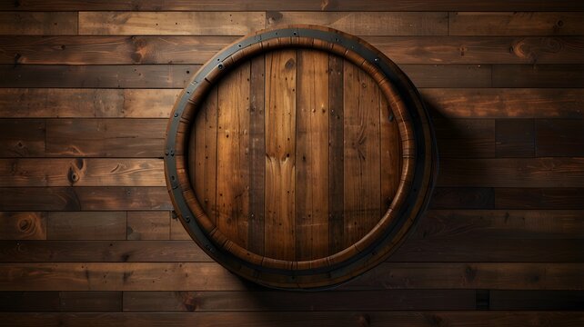 Top view of an old rustic wooden barrel old wine cellated