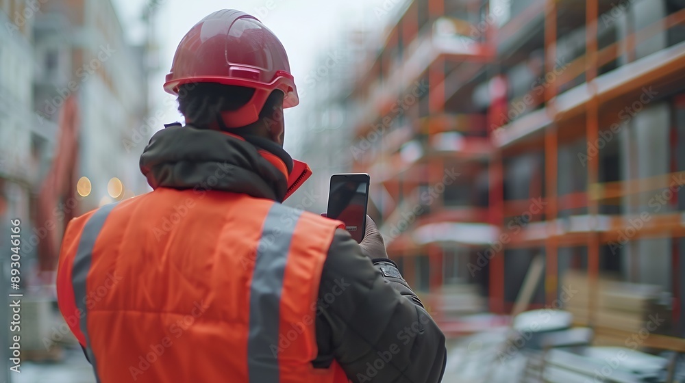 Aufkleber Construction engineer using mobile smart phone on site during inspection selective focus : Generative AI