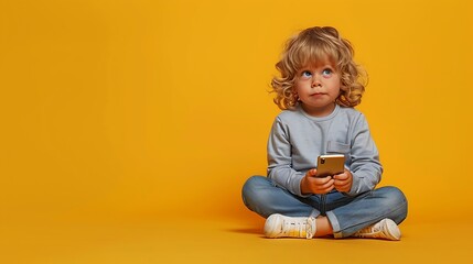 Naklejka premium Horizontal photo of little handsome kid with blonde hair in casual clothes looking away while sitting with crossed legs on studio floor holding smartphone isolated over yellow backgrou : Generative AI