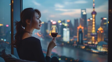 Luxury Shanghai lifestyle Asian woman drinking white wine in on China Travel Elegant model in black dress at terrace view of the city high end living : Generative AI