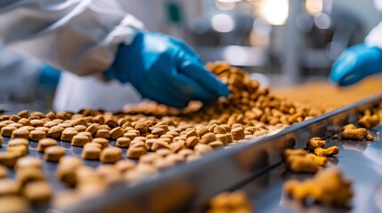 Quality control personnel are inspecting the quality of pet food Quality control process in pet food industry : Generative AI