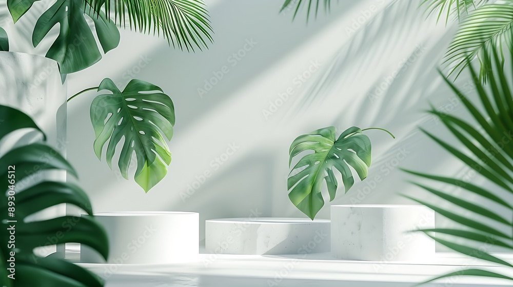 Aufkleber creative concept of minimalism with leaf and plaster podium blank space on white podiums for present