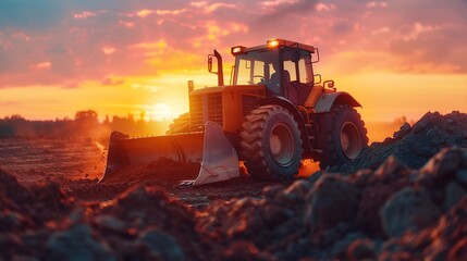 Obraz premium Wheel loader are digging the soil in construction site on sunset background : Generative AI