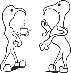 Two characters stand opposite each other. The heads have bird beaks. One of them is holding a mug.