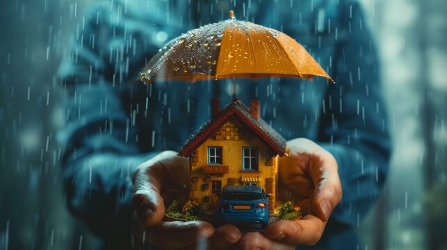 person holding an umbrella over a miniature house and car. Insurance of car and housing concepts