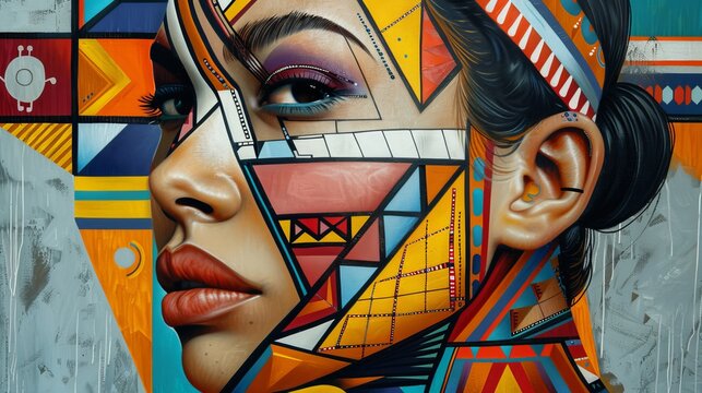painting of a brunette woman with her neck arched, showcasing intricate Ndebele patterns and geometric shapes in bold colors on her skin, with a pastel background to emphasize her expressive face