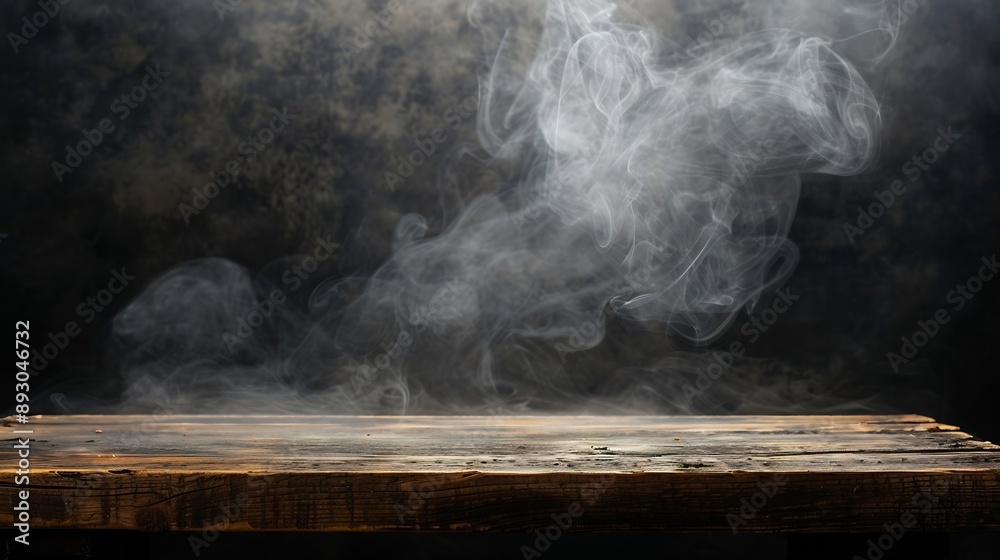 Poster On a black background an empty wooden table with smoke floats up Empty space for displaying your products with a smoke float up on a dark background Space available for displaying your : Generative AI