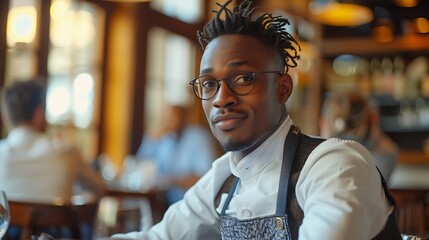 Portrait of young Black man talking to servers wearing classic uniforms during staff meeting in restaurant : Generative AI