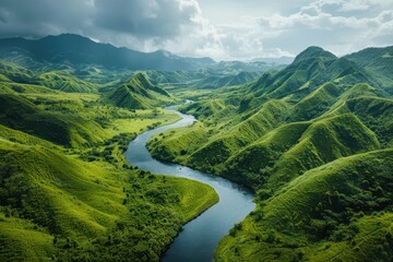 Serene River Meandering Through Lush Valley - Aerial Drone View of Nature's Beauty