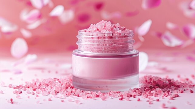 A blank cosmetic jar on a pastel backdrop with scattered pink salt, aiding the body's detoxification.