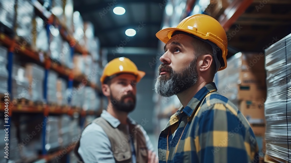 Poster Portrait of engineers workers planning and talking in empty warehouse to design the arrangement of product shelves Team foreman talk details work : Generative AI