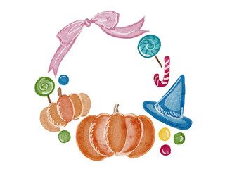 水彩で描いた秋のかわいいハロウィンかわいいおしゃれなフレームイラスト素材