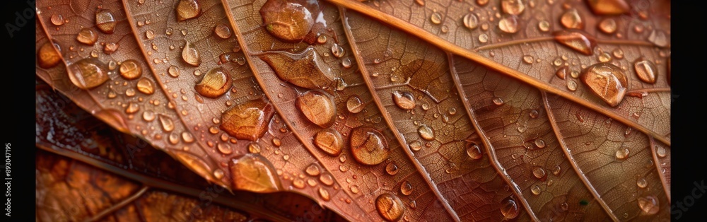 Poster The image shows a macro shot of several water droplets resting on the surface of a brown leaf. The leaf is textured with visible veins, and the droplets have a slight orange hue, reflecting the colors