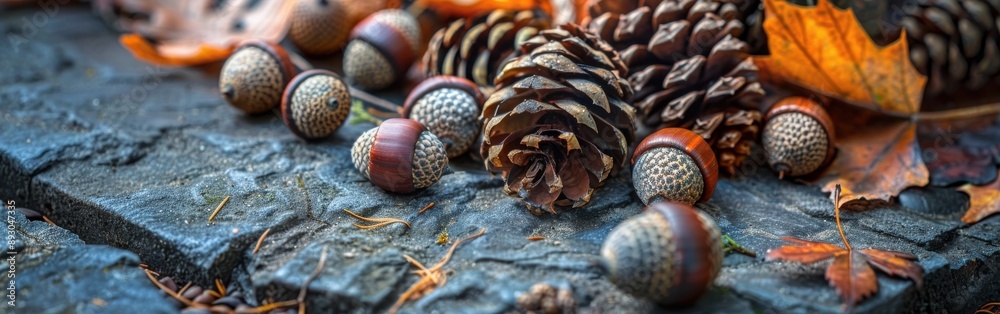 Poster acorns and pine cones are scattered on a forest floor covered in fallen leaves. the colors of autumn