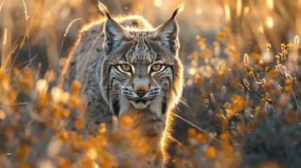 Fototapeta premium A Close up of a Lynx Walking Through a Field of Wildflowers - Generative AI
