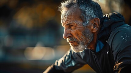 Fototapeta premium Old man warmup pelvic muscles preparations before training athlete sportive lifestyle exercise sportsman wellbeing recreation health longevity stadium city outdoors pensioner physical : Generative AI