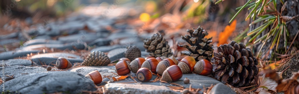 Poster acorns and pine cones are scattered on a stone path in a forest setting, with the warm colors of aut