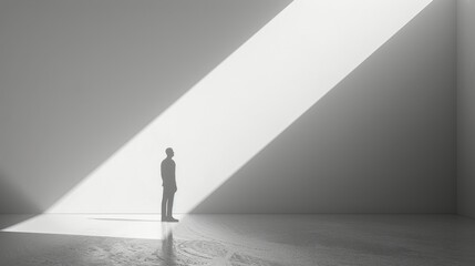 A Man Standing In an Empty Room With a Beam of Light Coming From Behind Him - Generative AI