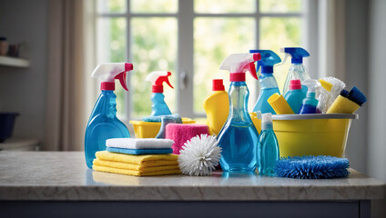 A collection of cleaning supplies, including spray bottles, cloths, and brushes, arranged neatly on a kitchen countertop with a bright window view. - Powered by Adobe