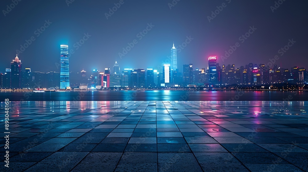 Poster empty square floors and city skyline with buildings in zhoushan at night zhejiang china : generative
