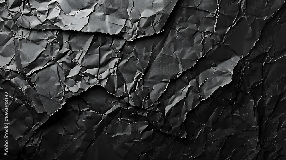 Poster Empty crumpled wet black paper blank texture copy space wall horizontal background : Generative AI