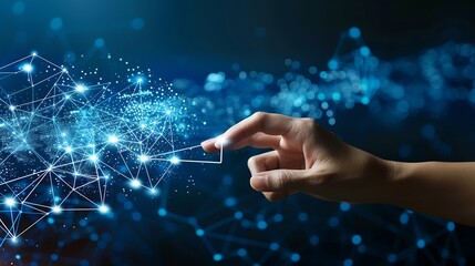 Hands interacting with geometric Dots Digital network Connecting connectivity technology concept.