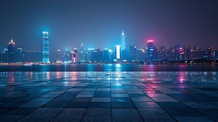 Empty square floors and city skyline with buildings in Zhoushan at night Zhejiang China :...