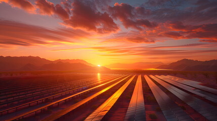 A vast area filled with enormous solar panels in a desert landscape at sunset. Gives a feeling of technological progress, clean energy for use in advertising renewable energy and green technology.