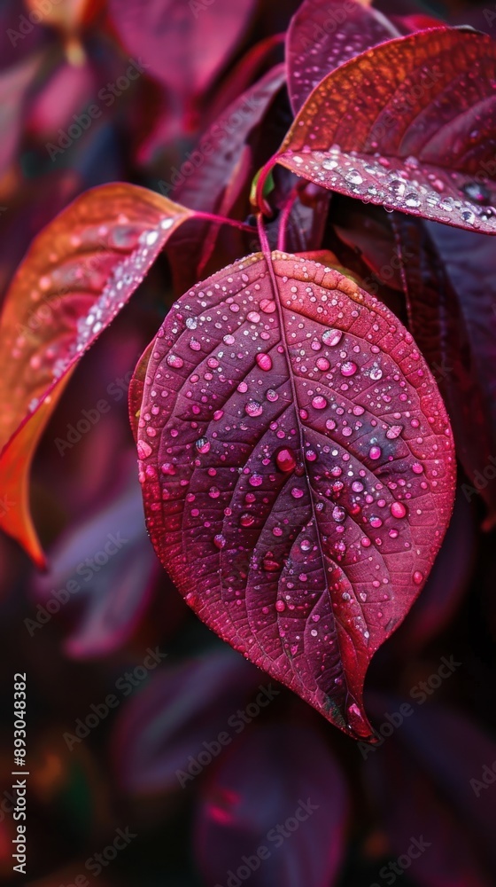 Poster A single red leaf with a deep burgundy hue is covered in glistening droplets of dew. The leaf is part of a cluster of foliage, with other red leaves visible in the background. The image captures the i