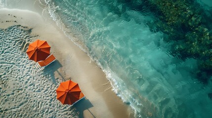 Fototapeta premium Aerial view of amazing beach with umbrellas and lounge chairs beds close to turquoise sea Top view of summer beach landscape idyllic inspirational couple vacation romantic holiday Free : Generative AI
