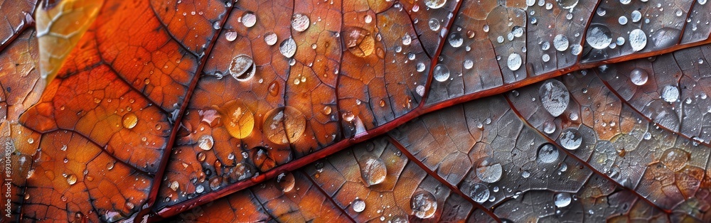 Poster a close-up image of a leaf, likely a maple leaf, covered in dewdrops. the leaf is vibrant with autum