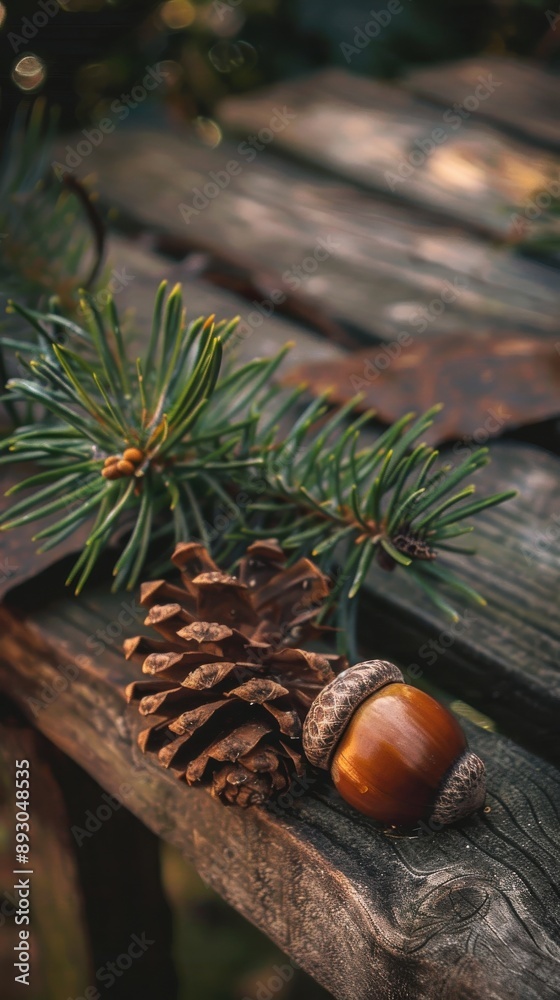 Aufkleber A close-up view of a pine branch, acorn, and pinecone resting on a weathered wooden bench. The scene is bathed in the warm glow of autumn light, creating a cozy and inviting atmosphere.