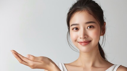 Happy young Asian woman presenting or showing open hand palm with copy space for product isolated on white background : Generative AI