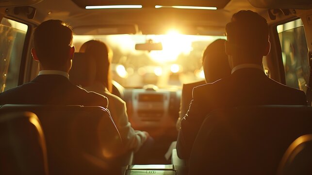 Business people sitting in minivan taxi view through an open door Concept of business trips and transportation : Generative AI