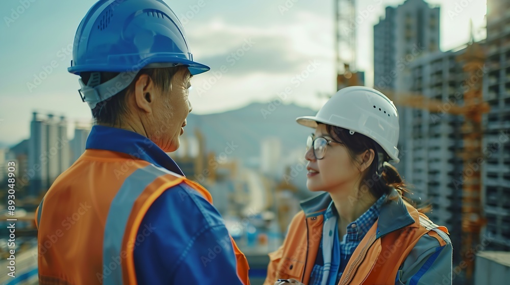 Poster Engineer and female foreman worker team checking project at precast factory site Engineer and builders in hardhats discussing on construction site : Generative AI