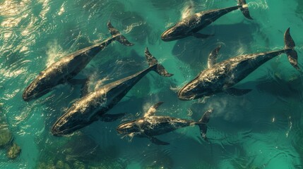 A Group of Five Dolphins Swimming in the Ocean With a Blue Sky Behind Them - Generative AI