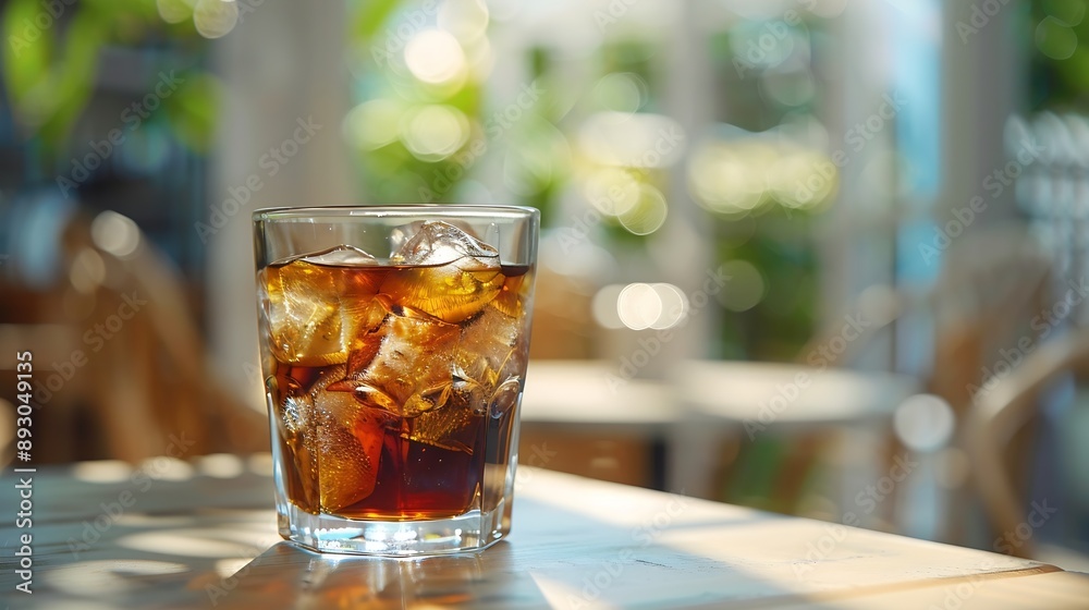 Poster iced coffee with ice cubes in a glass on the table : generative ai
