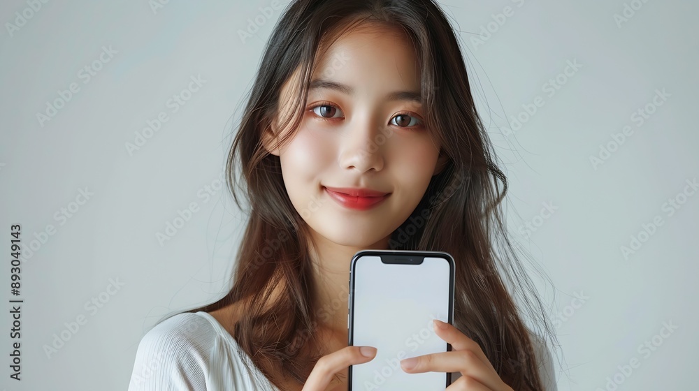 Poster beautiful asian young woman showing big smart phone with blank screen white screen empty copy space 