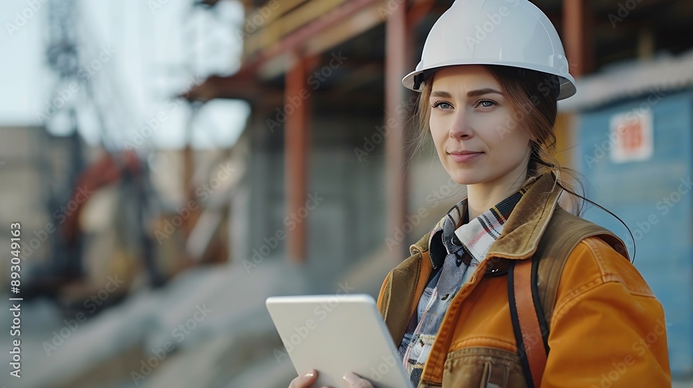 Poster Female engineer with digital tablet at construction site Factory foreman worker in hardhat at the precast factory site : Generative AI