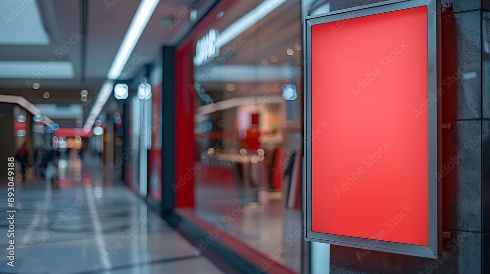 Poster red blank sign inside shopping mall mock up advertise display frame setting over the clothes line in the shopping department store for shopping business fashion and advertisement conce : Generative AI